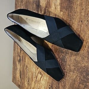 Peter Kaiser Malana Black Suede Cross Strap Square Toe 2" Pumps Size 7